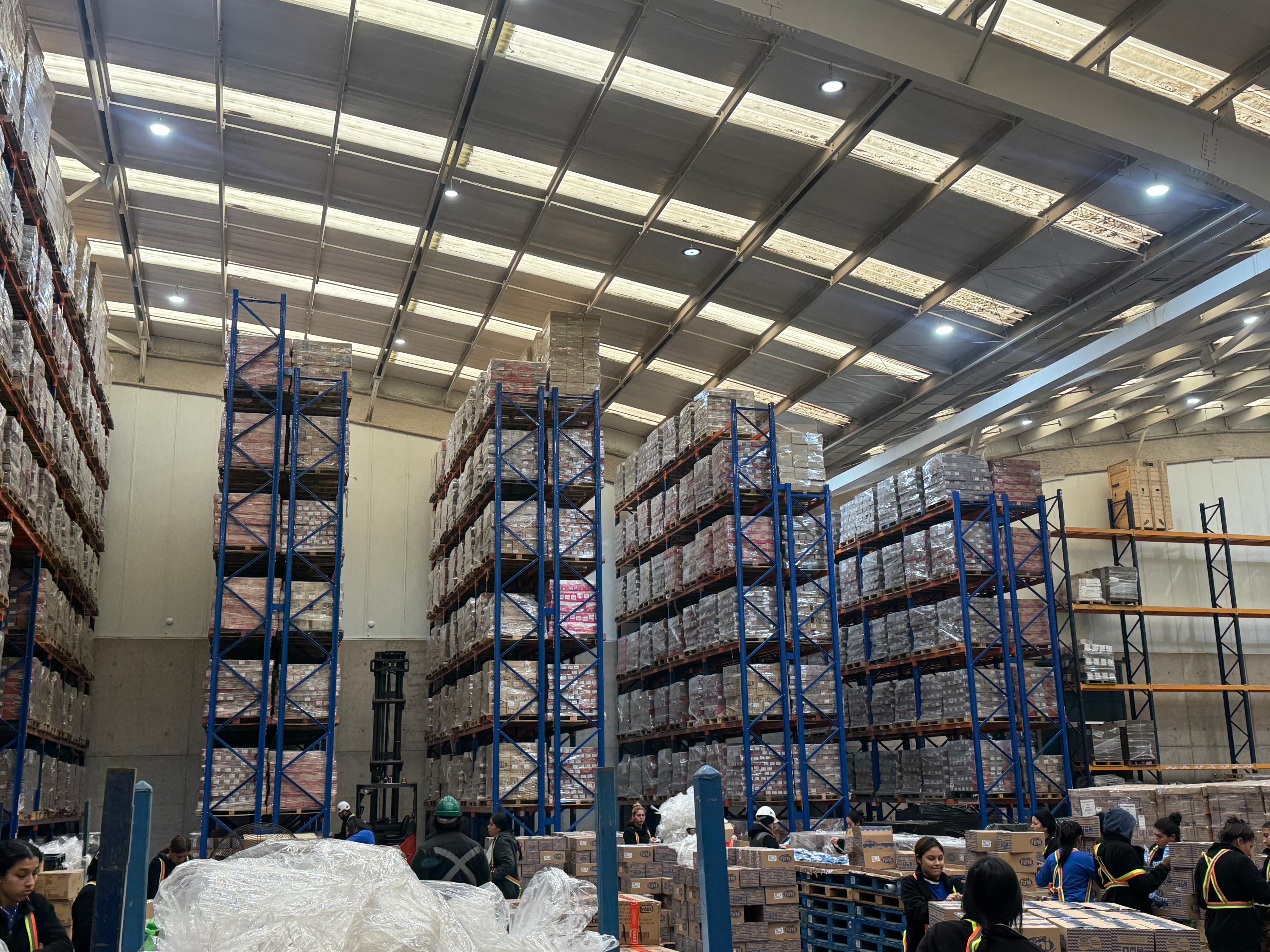 Bodega de pallets con racks metálicos de múltiples niveles